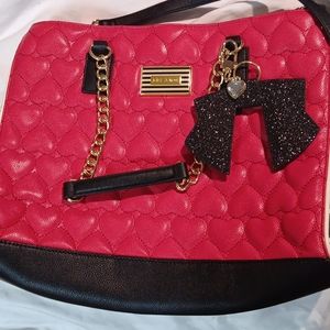 Betsy Johnson  red hearts, black and white stripes, gold and diamond charm purse